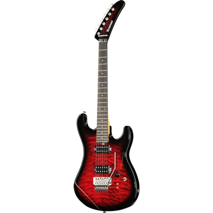 Kramer Guitars The 84 HH Quilt Red Burst, E-Gitarre mit Erle-Korpus und AAAA Wölkchenahornfurnier, 22 Jumbo Bünde, Floyd Rose Tremolo, rot verblasst
