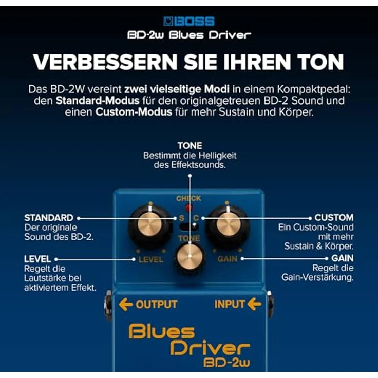 Boss BD-2w Blues Driver, Overdrive-Pedal der Waza Craft Serie mit analoge Schaltung, Level-, Tone- und Gain-Regler, Standard- und Custommode, Made in Japan – Bild 3