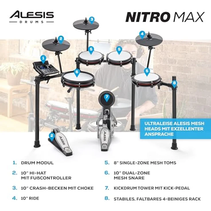 Alesis Nitro Max Kit, Elektronisches Schlagzeug mit Quiet Mesh Pads, 10" Dual Zone Snare, Bluetooth, 440+ Sounds, USB MIDI, Kick Pedal – Bild 4