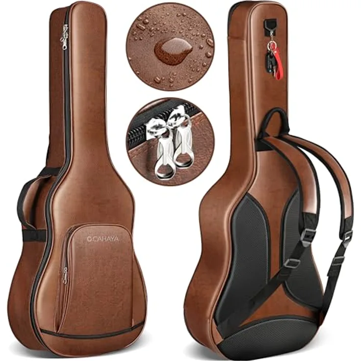 CAHAYA Gitarrentasche Akustikgitarre Gig Bag, braun, wasserdichtes PU-Leder mit 15mm dicker Polsterung, für 40-42 Zoll Gitarre, atmungsaktives Tragesystem mit doppeltem Reißverschluss