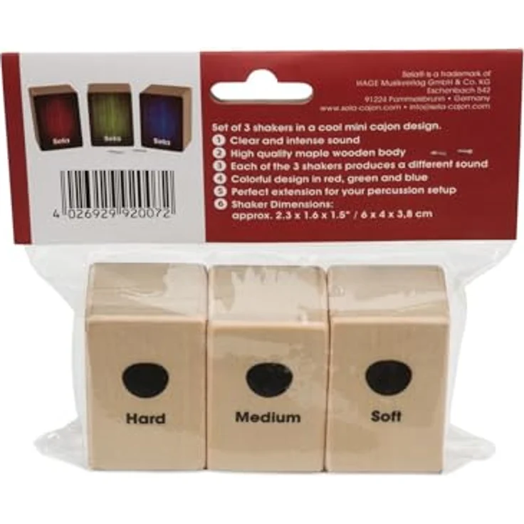 Sela SE 108 Mini Cajon Shaker Set, Percussion Instrument mit klaren Klang, Ahornkorpus, Farben: rot / grün / blau – Bild 9