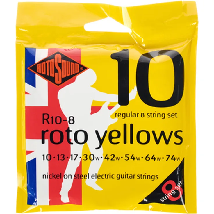 Rotosound Roto Yellows R10-8, Gitarrensaiten für 8-Saiter E-Gitarre, vernickelte Stahlsaite mit hexagonalem Saitenkern, inklusive zusätzlicher E1-Saite, Regular .010" bis .074", Made in UK