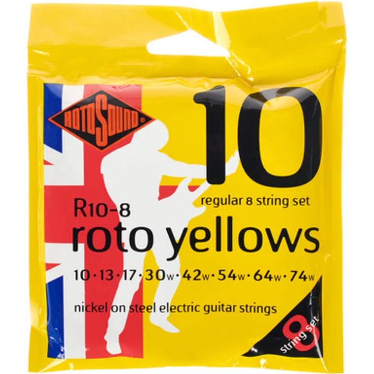 Rotosound Roto Yellows R10-8, Gitarrensaiten für 8-Saiter E-Gitarre, vernickelte Stahlsaite mit hexagonalem Saitenkern, inklusive zusätzlicher E1-Saite, Regular .010" bis .074", Made in UK