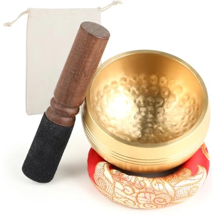 KITDAHOM Tibetisches Klangschalen Set, handgefertigte Messing-Klangschale mit 8 cm Durchmesser, Holzklöppel, Unterlage und Stoffbeutel für Meditation und Stressabbau