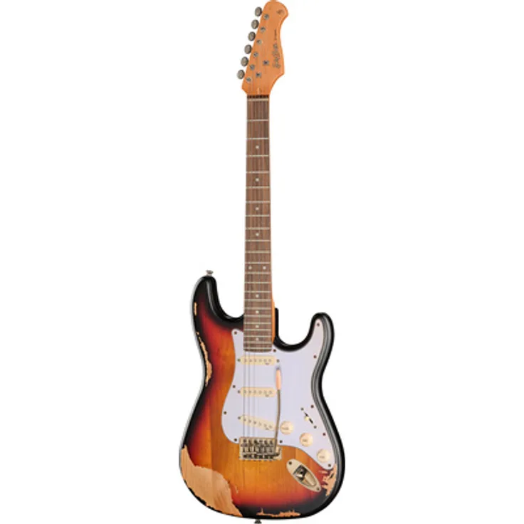 Harley Benton ST-62HA SB, E-Gitarre in Heavy Aged 3-Tone Sunburst mit Alnico Single Coil Tonabnehmern und synchronisiertem Tremolosystem