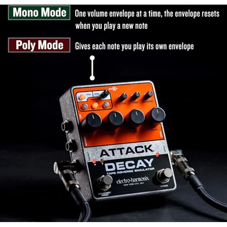 Electro Harmonix Attack Decay Tape Reverse Sim, Delay-Pedal für E-Gitarre mit Poly Mode, Harmonix Fuzz und 3 speicherbaren Presets – Bild 6