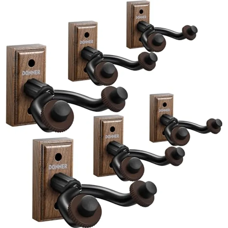 Donner Gitarrenhalterung Wand, 6er Set Gitarren-Wandaufhänger aus schwarzem Walnussholz, für Akustikgitarren, E-Gitarren, Bass und Ukulelen