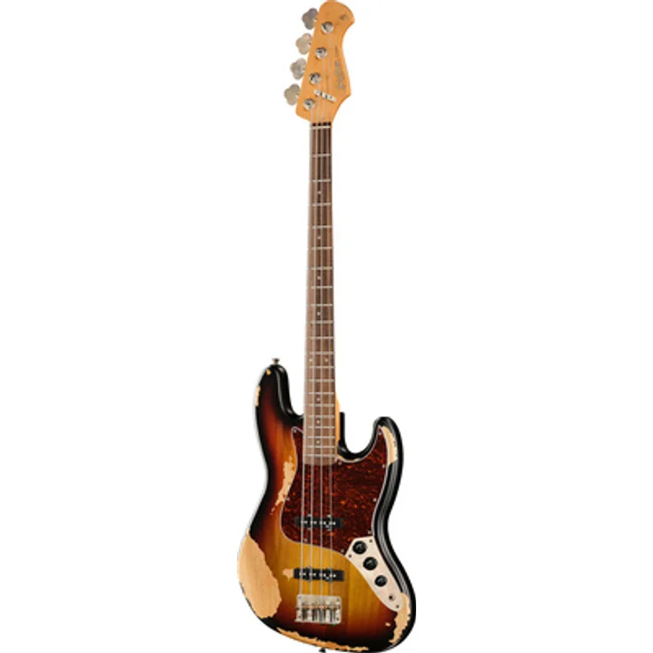 Harley Benton JB-62HA SB, Vintage E-Bass aus amerikanischer Erle, Heavy Aged 3-Tone Sunburst, Alnico 5 Tonabnehmer
