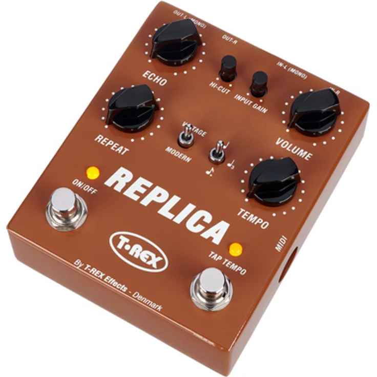 T-Rex Replica Stereo TAP Delay, Stereo-Tap-Delay-Pedal für E-Gitarre mit Lautstärkeregelung und Subdivision Schalter