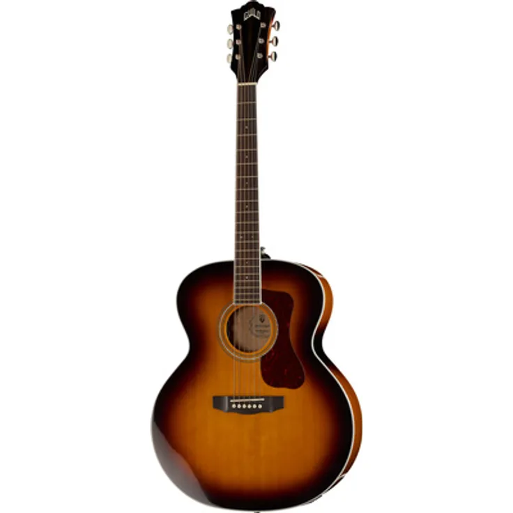 Guild F-250E Deluxe ATB, Jumbo Westerngitarre mit Tonabnehmer, geflammtem Ahorn und massiver Sitka-Fichte, Antique Burst Gloss