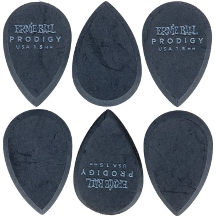 Ernie Ball Prodigy Picks EB9330, 1,5 mm, schwarze Plektren im 6er Pack mit präziser Spitze und griffigem Delrin Material