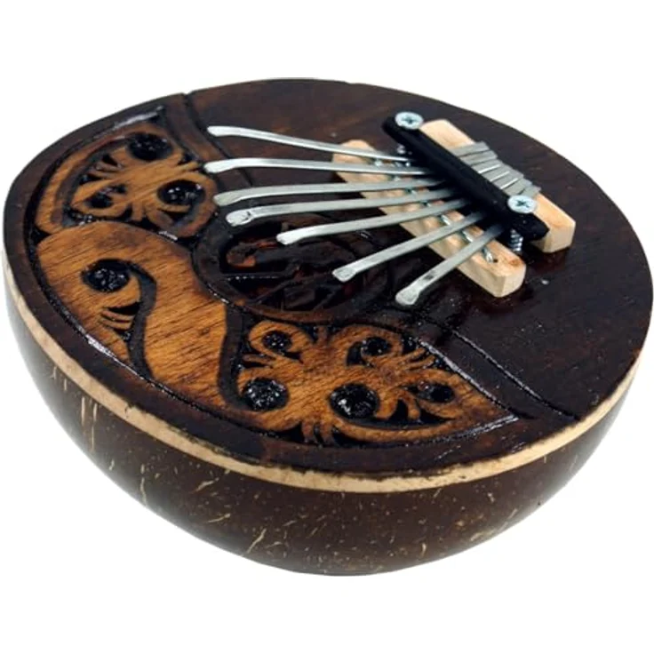 GURU SHOP Kalimba, Handgearbeitetes Percussion Instrument aus Kokosnuss mit balinesischen Motiven, Ø 13-17 cm – Bild 2