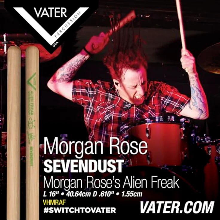 Vater Morgan Rose Alien Freak, Hickory Holz Drumsticks mit 16" Länge und 0.610" Durchmesser, einzigartiges Design ohne Kegelzapfen, doppelte Stockende für hohe Lautstärke – Bild 3