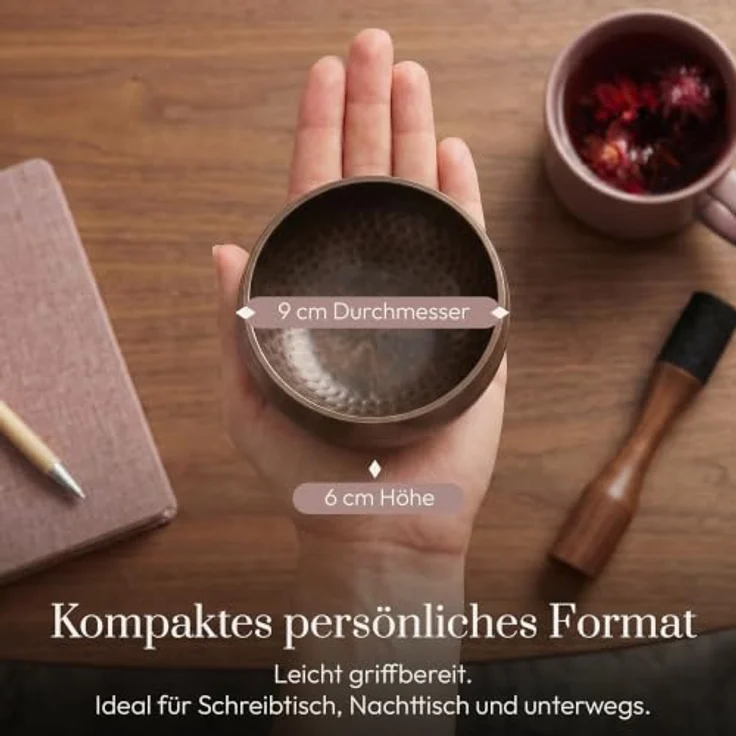 Silent Mind Klangschale Ø9 cm, handgefertigtes Bronze Komplett-Set mit Kissen und Klöppel, klarer Klang, ideal für Meditation und Achtsamkeit – Bild 5