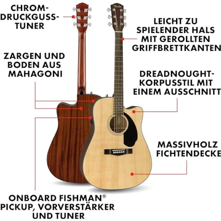 Fender CD-60SCE Dreadnought Elektroakustikgitarre, natürlich, mit Fishman-Tonabnehmer und integriertem Stimmgerät, inklusive kostenlosen virtuellen Kursen auf Fender Play – Bild 2