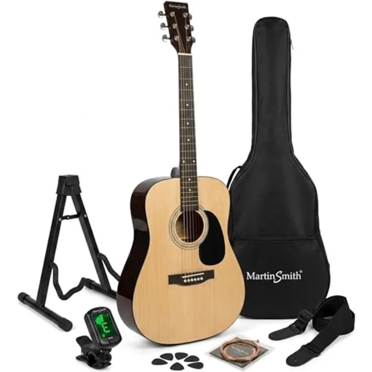 Martin Smith Akustikgitarre, Westerngitarre in Natur mit Gitarrenständer, Tuner, Gig Bag, Gurt, Plektren und Saiten