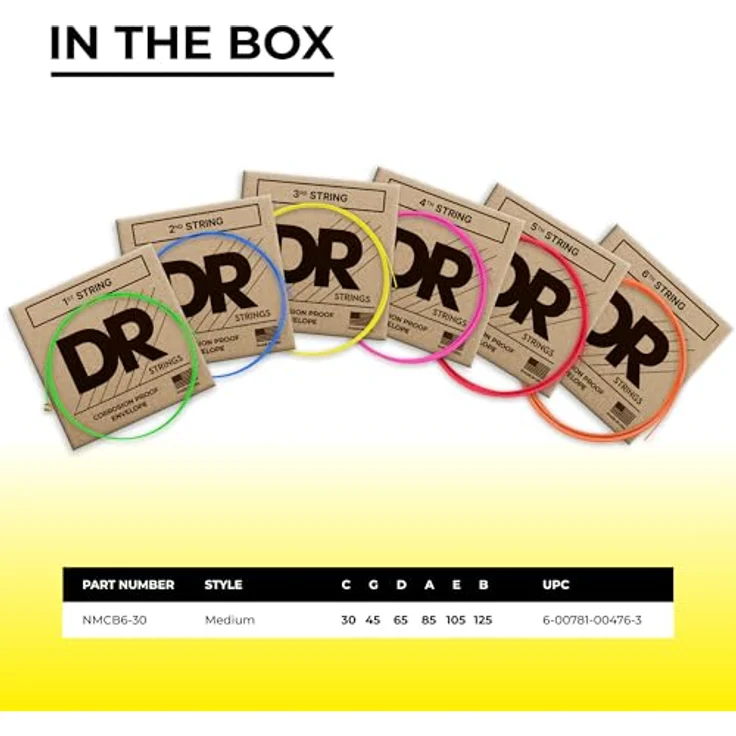 DR Strings Hi-Def Neon Mehrfarbig NMCB6-30 – E-Bass Saiten 6-Saiter Medium 30-125 mit K3-Beschichtung für verbesserte Klarheit und Projektion – Bild 2