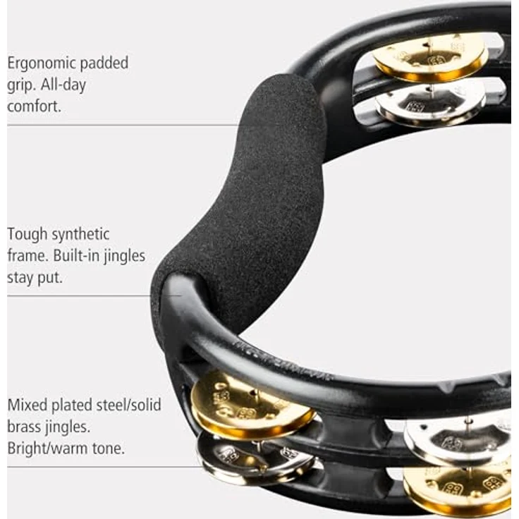 Meinl TMT1M-BK Recording Tambourine, doppelreihig mit 14 Paar Stahl- und Messingschellen, ABS-Kunststoffrahmen, schwarz, gepolsterter Griff – Bild 3