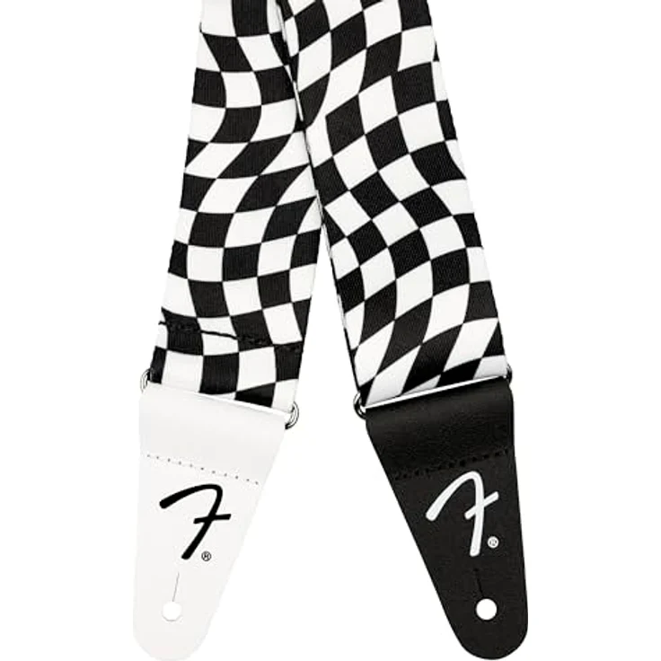 Fender Checker Poly Strap, Gitarrengurt mit gewelltem Schachbrettmuster aus Polyester, verstellbar von 86-150 cm, schwarz/weiß – Bild 2