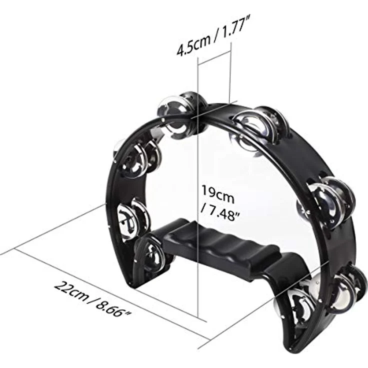 iGadgitz Xtra U6994 Halbmond Hand Tamburin, 22 cm mit doppeltem Cutaway Schellenkranz, 32 Stahlglocken, schwarz – Bild 2