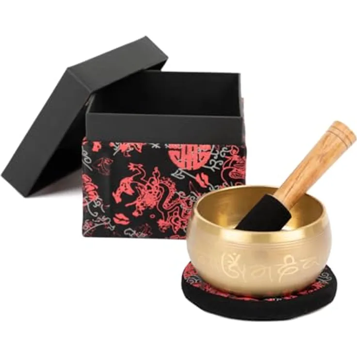 Bodhi Indische Klangschale Ø 11 cm, Messing mit Buddha Verzierung, Set inkl. Kissen, Klöppel & Geschenkbox, ideales spirituelles Geschenk in Gold/Holzfarben