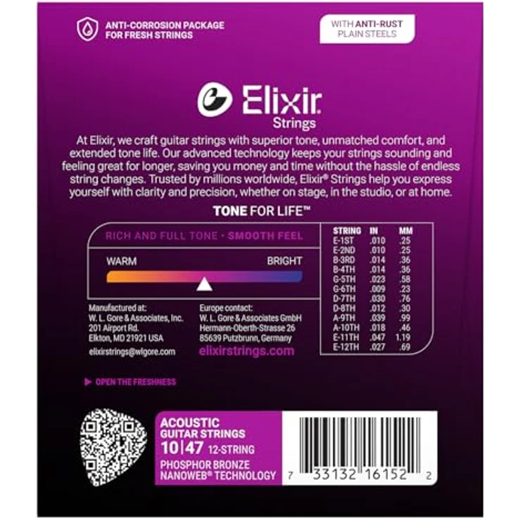 Elixir® 16152 Phosphor Bronze 12-saiter Akustik-Gitarrensaiten mit NANOWEB® Beschichtung, Light (.010-.047) – Bild 2