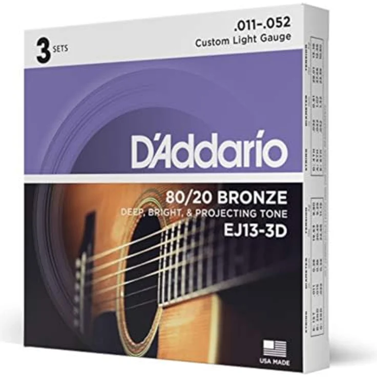 D'Addario EJ13-3D 80/20 Bronze Akustikgitarrensaiten, Custom Light, 11-52, 3 Sets, hergestellt in den USA, kräftiger, heller Klang – Bild 1