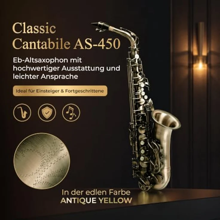 Classic Cantabile AS-450 Antique Yellow Eb Altsaxophon Set, Hoch-Fis-Klappe, ergonomische Klappenmechanik, inklusive Leichtkoffer und Blätter – Bild 3