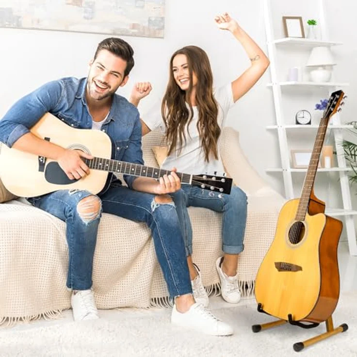 MUSO Gitarrenständer, faltbarer Holzständer für Akustik-/E-Gitarren, Bass, Violine, Ukulele, stabile Konstruktion mit Schaumstoffpolsterung und rutschfesten Füßen, Akazie – Bild 5