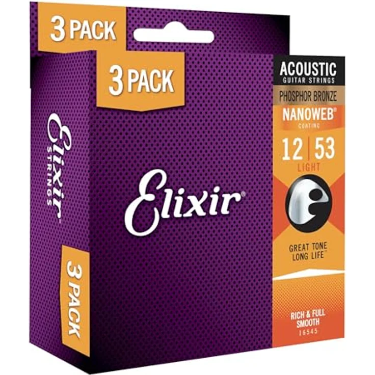Elixir Akustik Phosphor Bronze Nano Saiten 012/053, 3er Pack mit verlängerte Klanglebensdauer und glatter Spielbarkeit – Bild 1