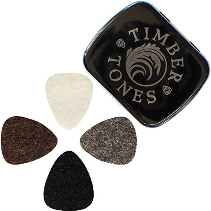 Timber Tones Felt Tones Mixed Ukulele, Metall Dose mit 4 hochwertigen Woll-Filz Plektren in Natur, Grau, Braun und Schwarz