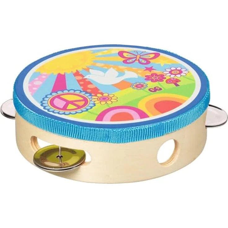 goki 61841 Tamburin Sonnenschein, buntes Kinder-Musikinstrument aus Holz mit Metallchellen, Durchmesser 14,5 cm