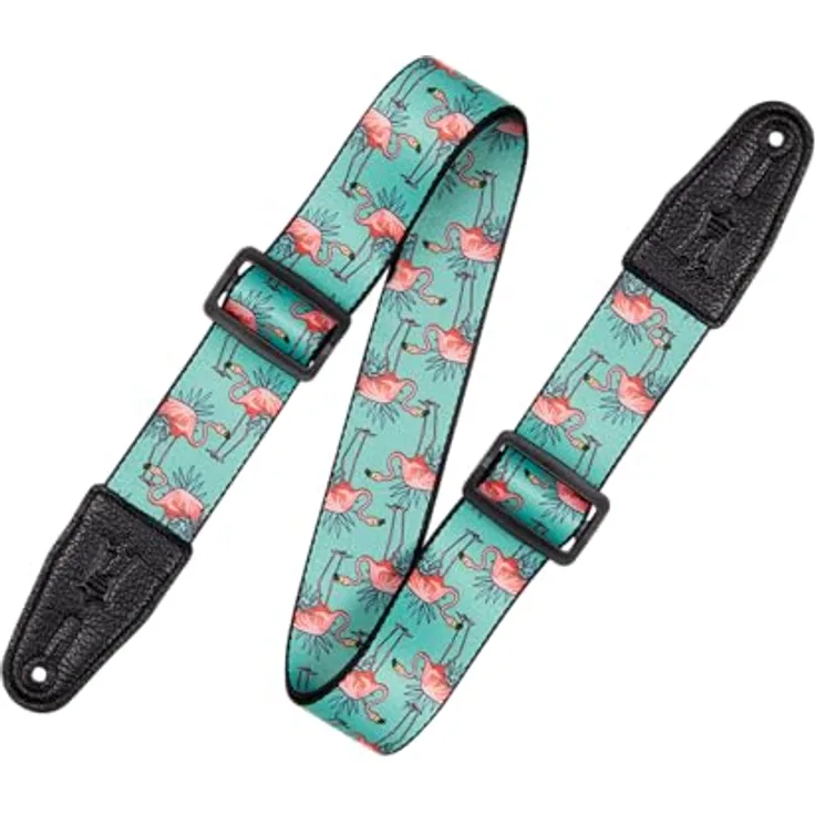 Levys Poly Print Strap Flamingo, Gitarrengurt aus Polyester mit Lederendstück, verstellbar bis 151 cm, mehrfarbig im Flamingo-Design