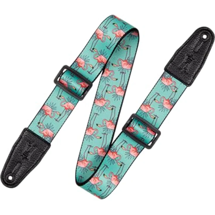 Levys Poly Print Strap Flamingo, Gitarrengurt aus Polyester mit Lederendstück, verstellbar bis 151 cm, mehrfarbig im Flamingo-Design – Bild 1