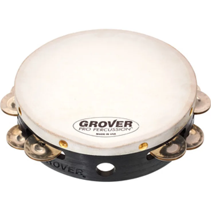 Grover Pro Percussion T2/GS-8 Tambourine, 8" mit doppelreihigen German Silver Schellen und weißem Naturfell, massiver Hartholzkorpus, inkl. Tasche