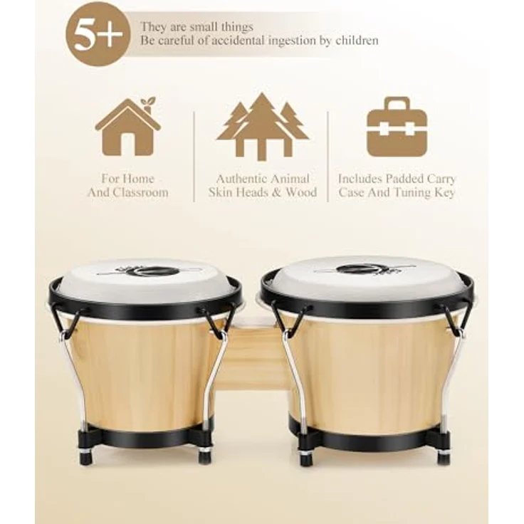 Eastar EBO-1 Bongo Trommeln aus Holz, 6" und 7" mit natürlichem Finish, geeignet für Kinder und Anfänger, inklusive Tragetasche und Stimm-Schlüssel – Bild 5