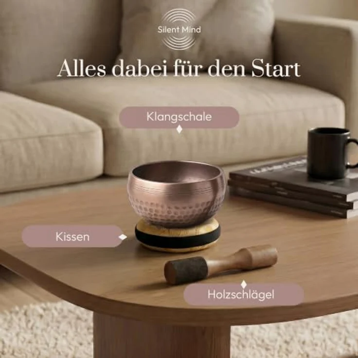 Silent Mind Klangschale Ø9 cm, handgefertigtes Bronze Komplett-Set mit Kissen und Klöppel, klarer Klang, ideal für Meditation und Achtsamkeit – Bild 4