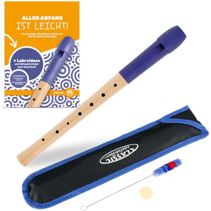 Classic Cantabile Pivella C-Sopran Blockflöte Set, Ahornholz mit Kunststoffkopf, deutsche Griffweise, inkl. Flötenschule, Etui, Grifftabelle und Zubehör, blau – Bild 1