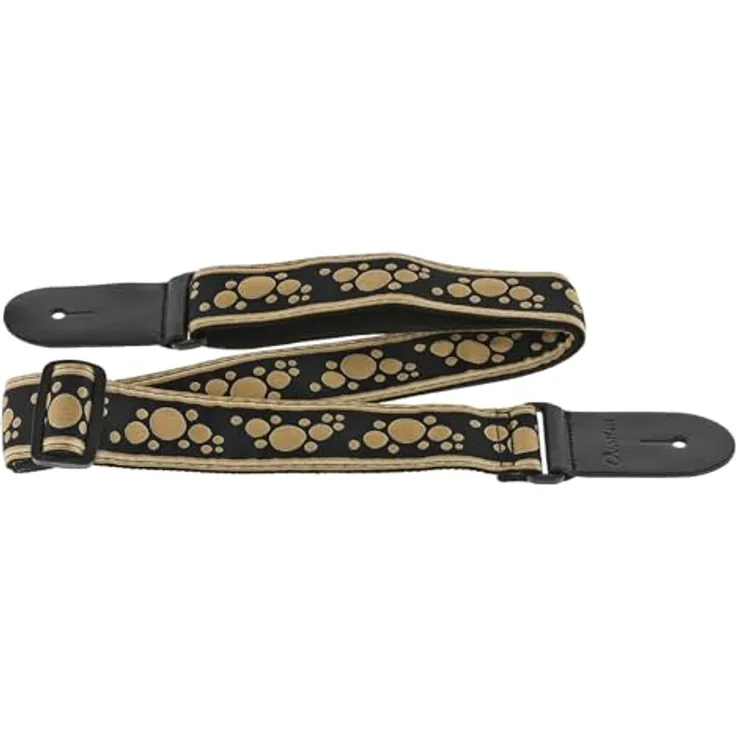 Ovation Soundhole Retro Gold, Gitarrengurt aus Nylon mit stabilen Lederenden, 50 mm breit, verstellbar von 84 cm bis 144 cm, goldfarben mit gesticktem Multi-Soundhole-Motiv