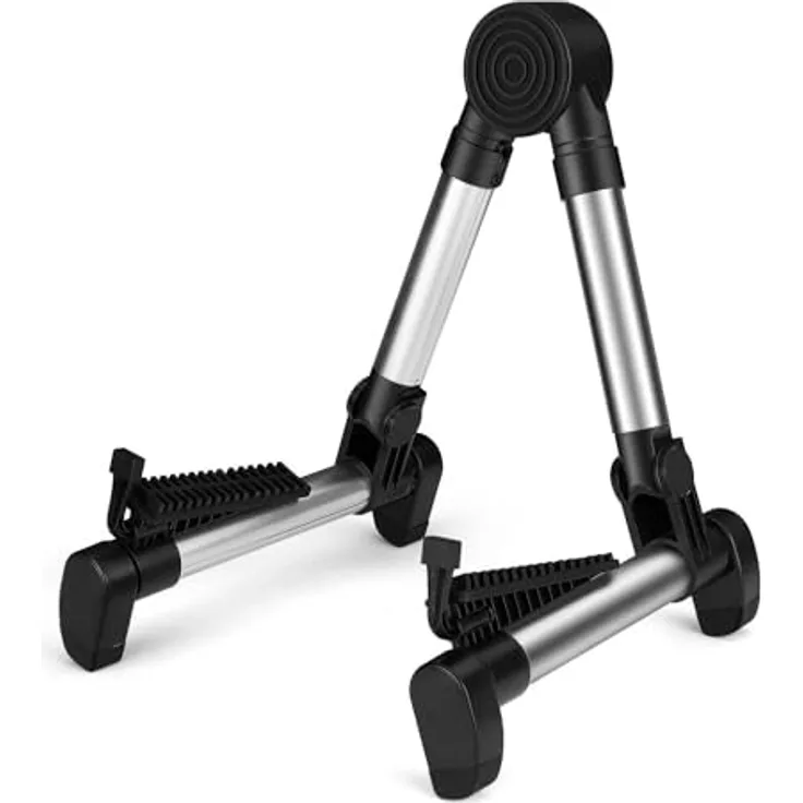 Flexzion A-Rahmen Gitarrenständer, Tragbarer Aluminium-Gitarrenhalter für Akustikgitarre, Cello, E-Gitarre, Bass, faltbar, schaumstoffbezogen, mit Gummipolster, Silber