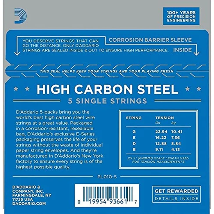 D'Addario Plain Steel Gitarrensaiten 5er-Pack, für Elektro- und Akustikgitarren, Stärke 0,010, hervorragender Klang – Bild 2