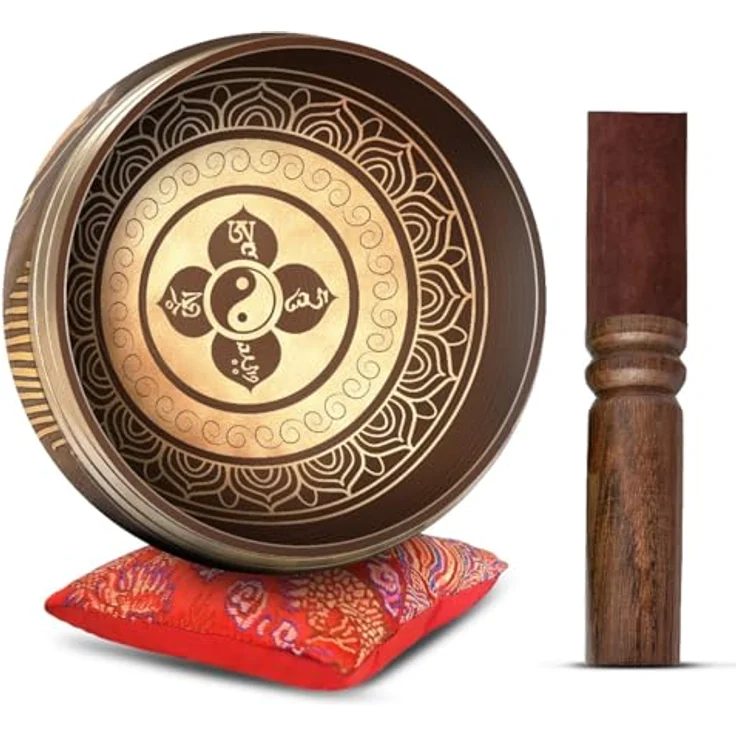 HIMALAYAN BAZAAR Tibetisches Klangschalen-Set, handgehämmert, 10,2 cm, mit Seidenkissen und Lederklöppel, ideal für Meditation und Yoga – Bild 1