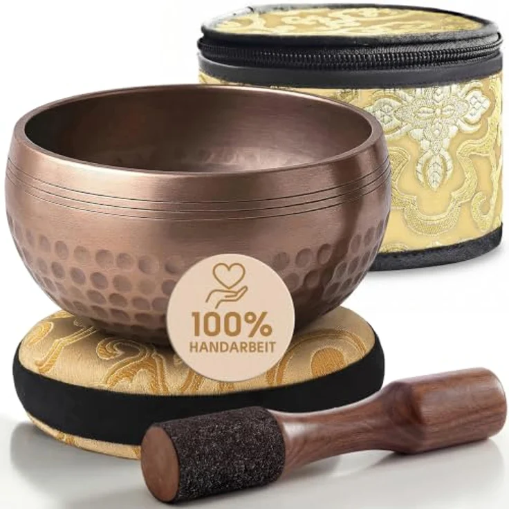 Silent Mind Klangschale Ø9 cm Bronze, Handgefertigtes Komplett-Set mit Kissen und Klöppel, klarer stabiler Klang für Meditation und Achtsamkeit – Bild 1