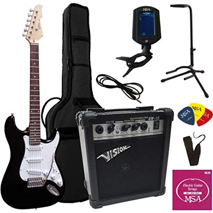 MSA Elektrogitarre Set, schwarze E-Gitarre mit 20Watt Verstärker, Stimmgerät, Gitarrenständer und Zubehör, 9-teilig – Bild 1