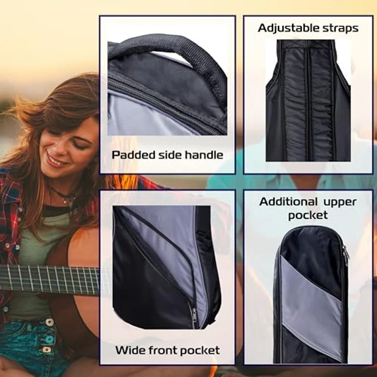 Soundsation PGB-5CG34 3/4 Größe Konzertgitarren Gig Bag, 5mm Polsterung, verstellbare Schultergurte, große Front- und Deckeltasche, schwarz/grau – Bild 2