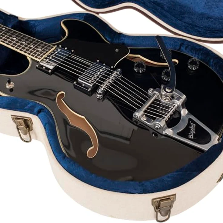 Gator Journeyman Semi-Hollow, Gitarrenkoffer für Semi Hollow E-Gitarre, Beige/Braun mit antiken Messingbeschlägen und blauen Knautschsamt-Innenfutter – Bild 10