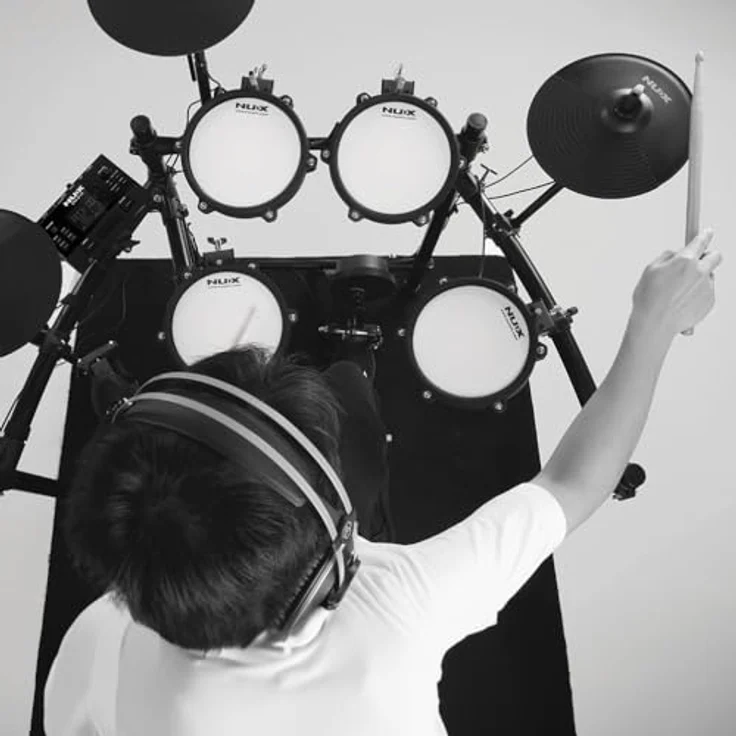NUX DM-210 Digitales Drumkit, E-Drumset mit Mesh Heads, Dual-Triggering-Technologie, Bluetooth, Aux-In, Coach-Funktion, USB-Anschluss, Kopfhörerausgang, Schwarz – Bild 5