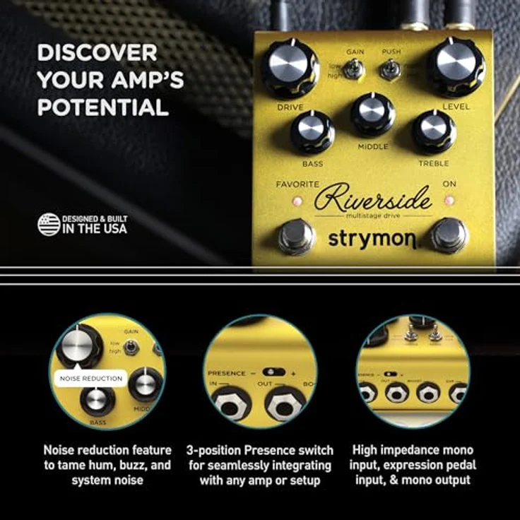 Strymon Riverside Overdrive-Pedal, analoge JFET-Eingangsstufe, True Bypass, gold eloxiertes Aluminium Gehäuse – Bild 6