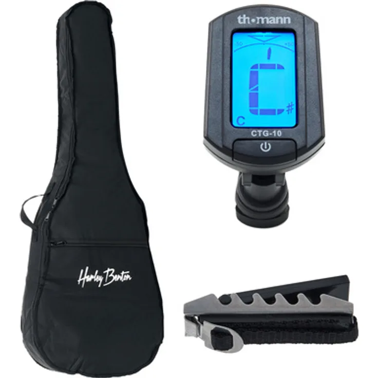 Harley Benton C-Guitar 4/4 Accessory Pack, Klassikgitarre-Zubehörpaket mit 5mm gepolstertem Gigbag, chromatischem Clip Tuner und verstellbarem Kapodaster