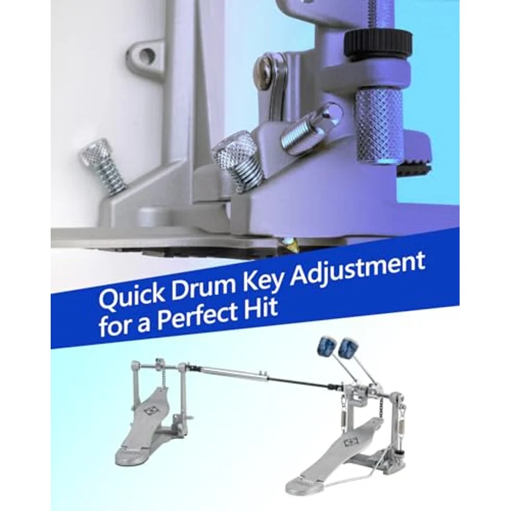 Dixon PP-P1D P1 Double Pedal, Doppelfußmaschine mit Einzelkette, gebürsteter Trittplatte und See-through blue Dual Surface Beater – Bild 6